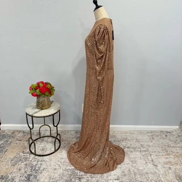 Mac Duggal Sequin High Neck Juliet Puff Long SleeveTrumpet Column Gown Copper